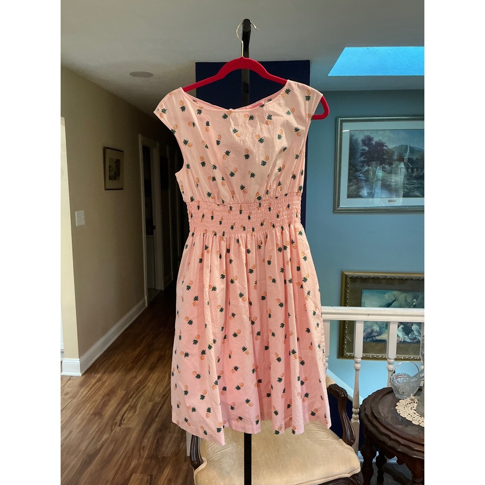 Kate Spade Dress Pineapple Print Medium Pink Smocked Waist Cotton Fit & Flare